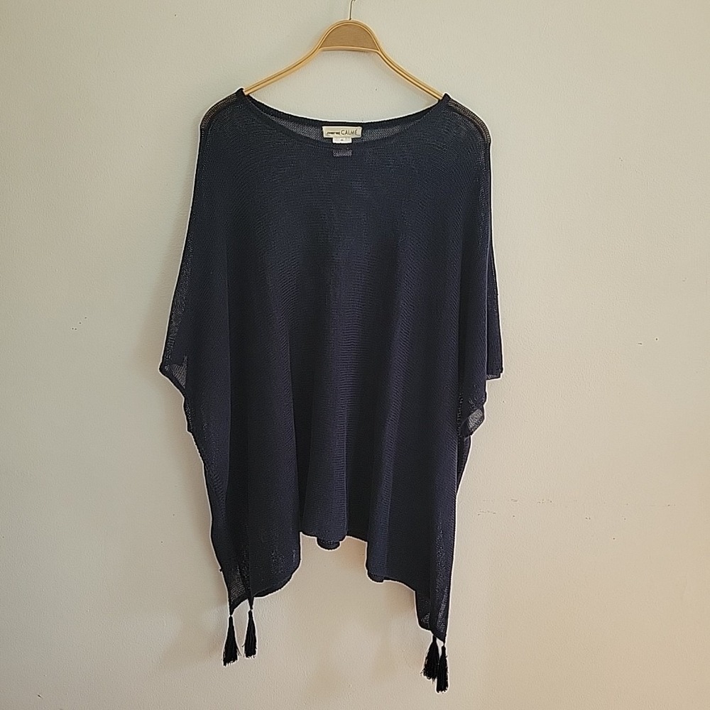 Johnny Was Navy Lightweight Poncho with Tassels - Picture 6 of 9